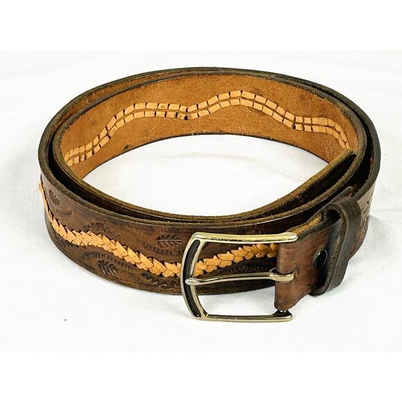Tooled Leather Belt Leaf 2 Tone Western Design Brown Mens Sz 42 - Picture 1 of 4